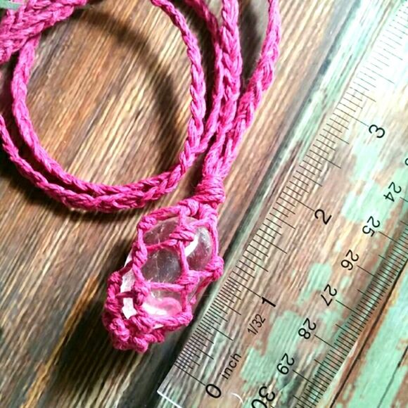 Macrame, Quartz Pink Hemp Necklace Handcrafted - Picture 9 of 13